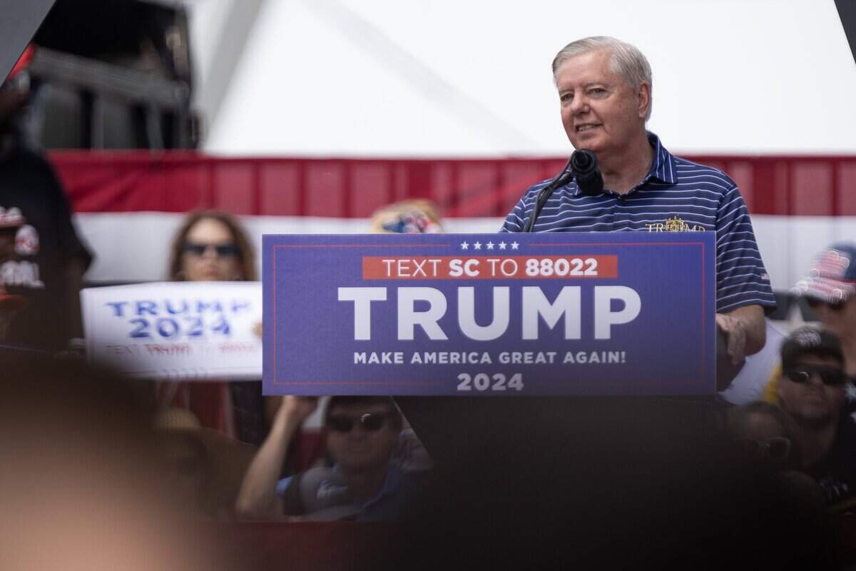 From July 2023: Sen. Lindsey Graham at a campaign event for former President Donald Trump in Pickens.