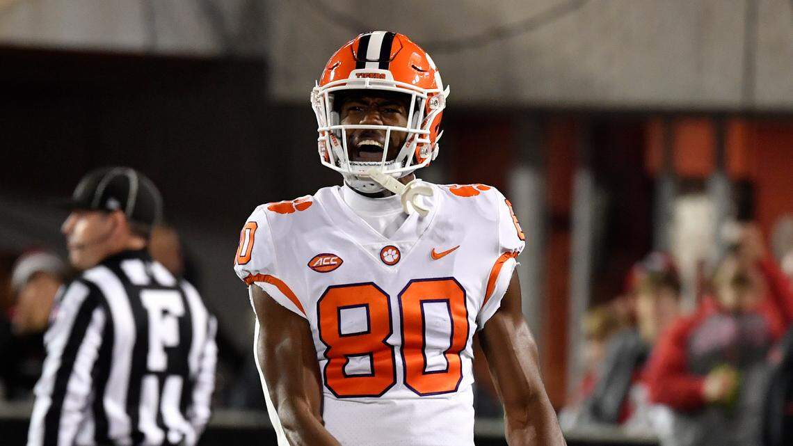 Clemson wide receiver Beaux Collins (80) celebrates after scoring a touchdown Saturday against Louisville.