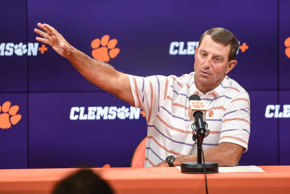 Clemson head coach Dabo Swinney talks during the Clemson football Media Outing & Open House at the Allen N. Reeves Football Complex in Clemson, S.C. Tuesday, July 16, 2024.