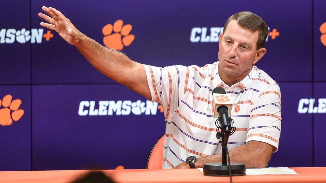 Clemson head coach Dabo Swinney talks during the Clemson football Media Outing & Open House at the Allen N. Reeves Football Complex in Clemson, S.C. Tuesday, July 16, 2024.