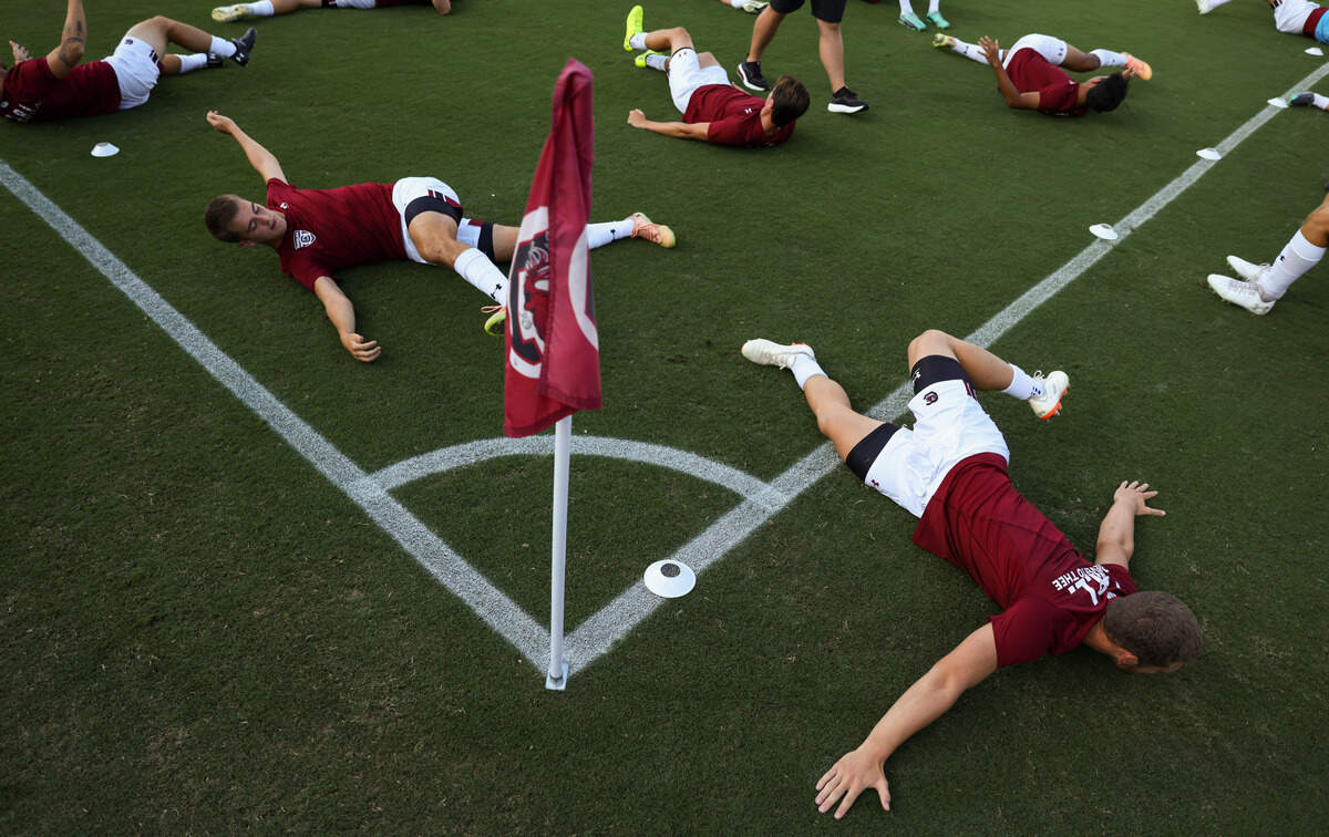 South Carolina players stretch before the Gamecocks’ game against Clemson in Columbia on Friday, August 30, 2024.