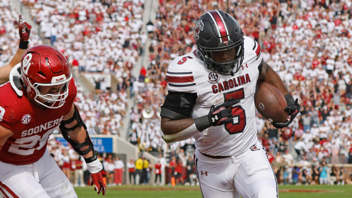 South Carolina’s Raheim Sanders (5) rushes for a touchdown against Oklahoma on Saturday, Oct. 19, 2024, at Gaylord Family - Oklahoma Memorial Stadium in Norman, Okla.