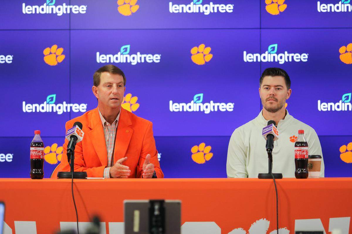Clemson head coach Dabo Swinney speaks to the media alongside offensive coordinator Garrett Riley February 1st, 2023 in Clemson, South Carolina.