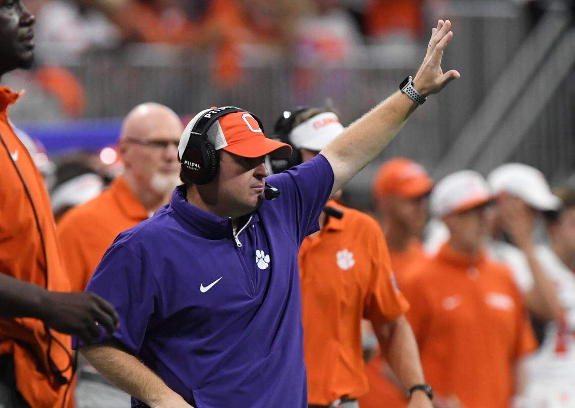 Aug 31, 2024; Atlanta, Georgia, USA; Clemson Tigers defensive coordinator Wes Goodwin signals during the fourth quarter of the 2024 Aflac Kickoff Game against the Georgia Bulldogs at Mercedes-Benz Stadium. Mandatory Credit: Ken Ruinard-USA TODAY Sports