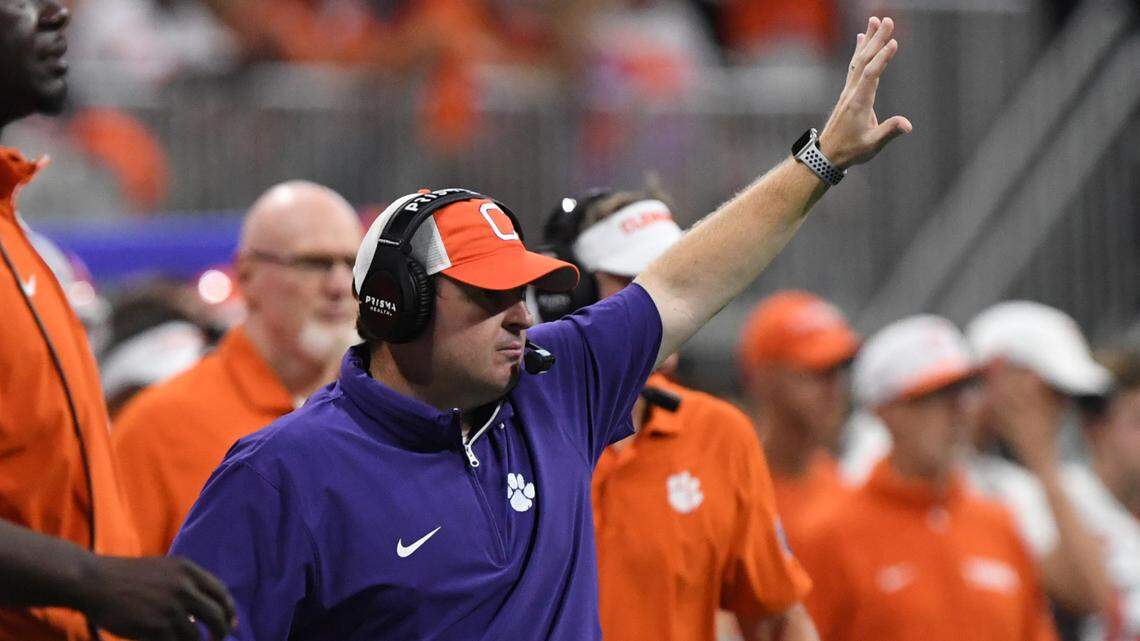 Aug 31, 2024; Atlanta, Georgia, USA; Clemson Tigers defensive coordinator Wes Goodwin signals during the fourth quarter of the 2024 Aflac Kickoff Game against the Georgia Bulldogs at Mercedes-Benz Stadium. Mandatory Credit: Ken Ruinard-USA TODAY Sports