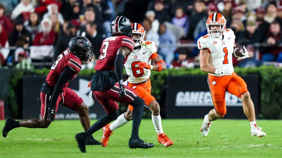 Nov 25, 2023; Columbia, South Carolina, USA; Clemson Tigers running back Will Shipley (1) runs the ball against the South Carolina Gamecocks in the second half at Williams-Brice Stadium.