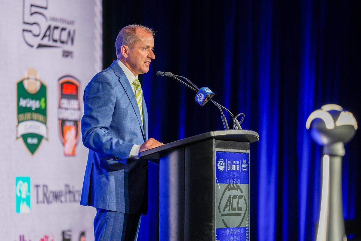 ACC commissioner Jim Phillips speaks to the media during ACC Media Days at Hilton Charlotte Uptown on Tuesday.