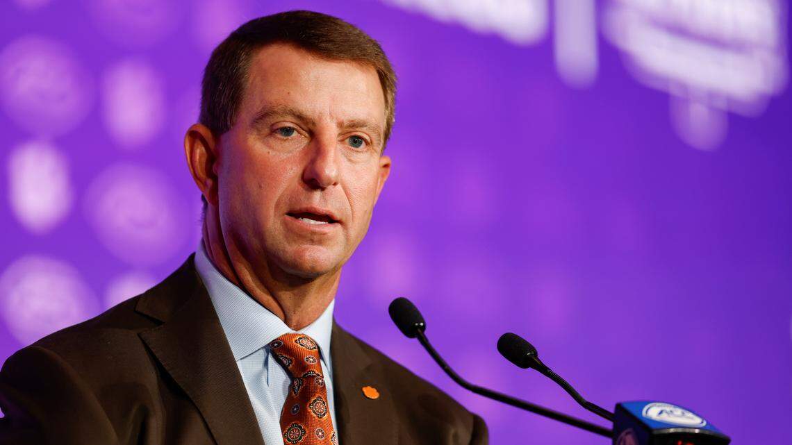Clemson head coach Dabo Swinney speaks to the media at the 2025 ACC Kickoff in Charlotte, N.C., Thursday, July 24, 2025.