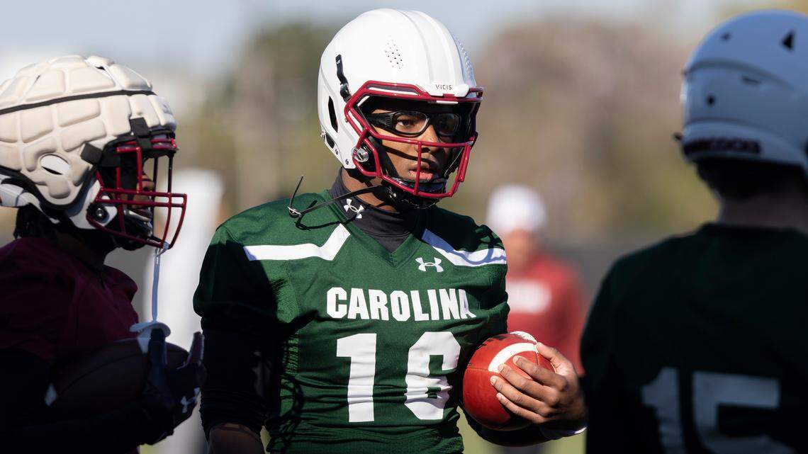 Gamecock quarterback LaNorris Sellers (16) runs drills during practice in Columbia on Tuesday, March 14, 2023.