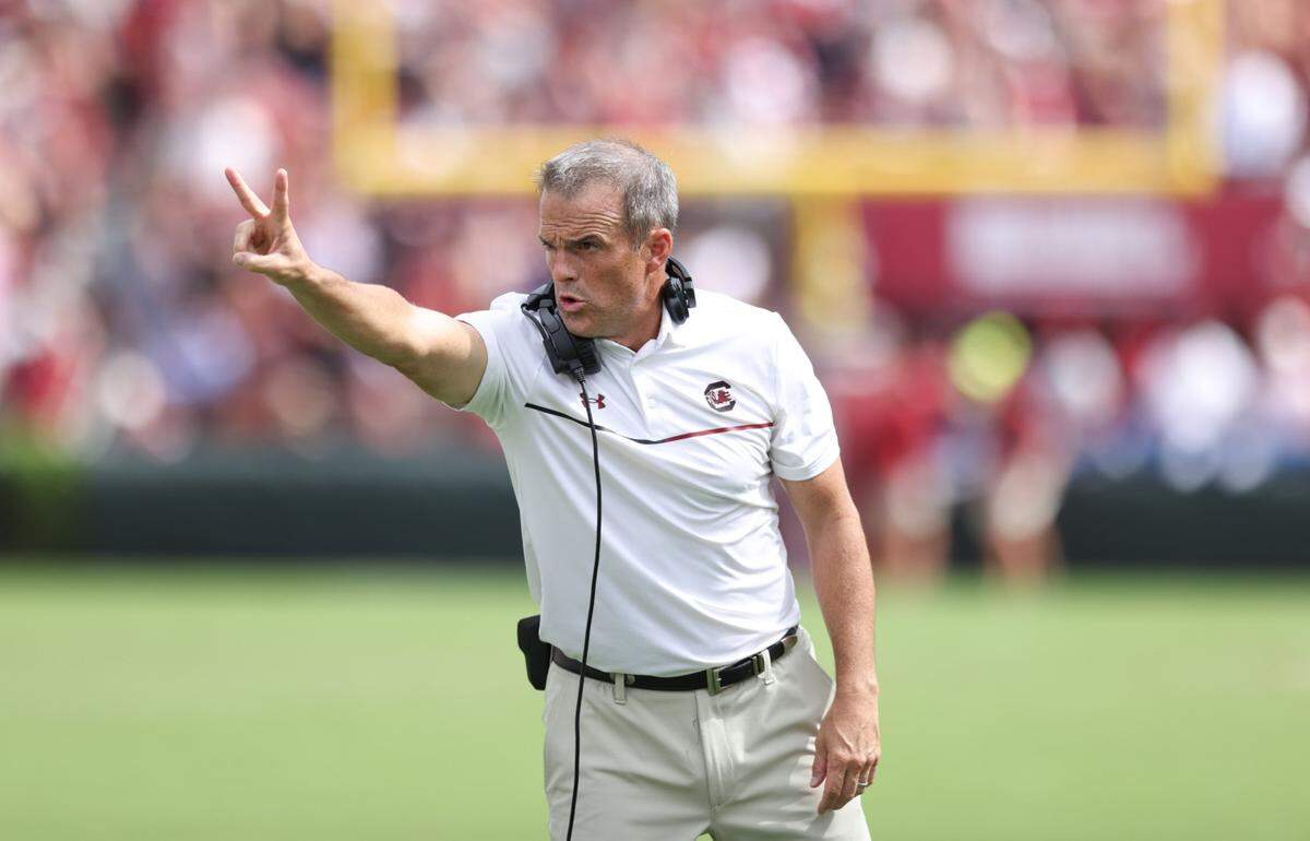 South Carolina head coach Shane Beamer calls for a two-point conversion following a touchdown during the second half of South Carolina’s game against LSU in Columbia on Saturday, September 14, 2024.