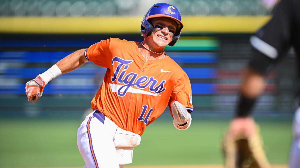 Clemson baseball player Cam Cannarella (10) rounds the bases after a hit during an ACC Tournament game against Louisville on Friday, May 24, 2024, at Truist Park in Charlotte, North Carolina