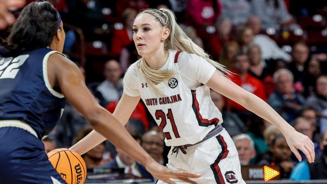 South Carolina’s Chloe Kitts (21) moves the ball against Charleston Southern’s Saniya Jones (22) during the second half of action in the Colonial Life Arena on Sunday, Dec. 18, 2022.
