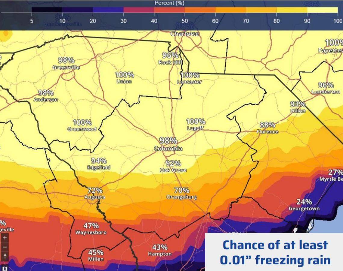 Chances of freezing rain in the Midlands area of South Carolina.