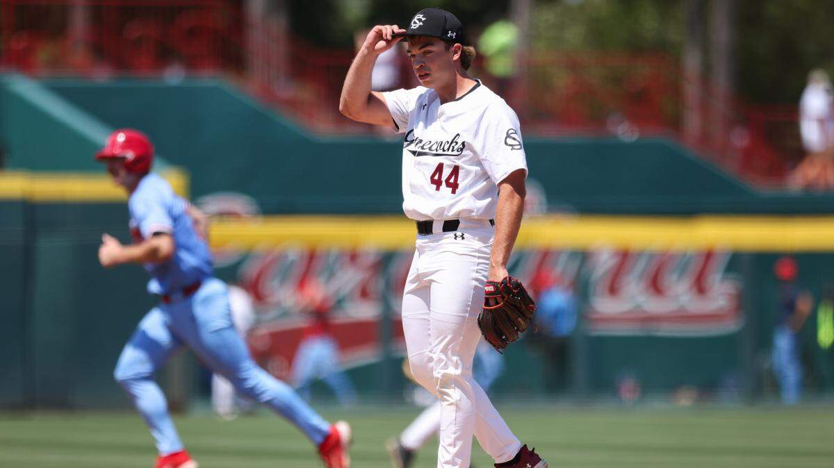 South Carolina pitcher Parker Marlatt looks on after giving up a home run during the Gamecocks’ loss to Mississippi at Founders Park in Columbia on Saturday, April 19, 2025.