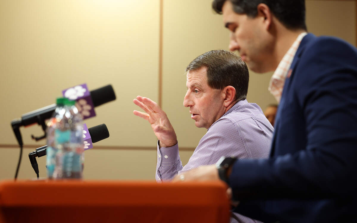 Clemson head coach Dabo Swinney speaks during a press conference in Clemson on Friday, January 23, 2026.