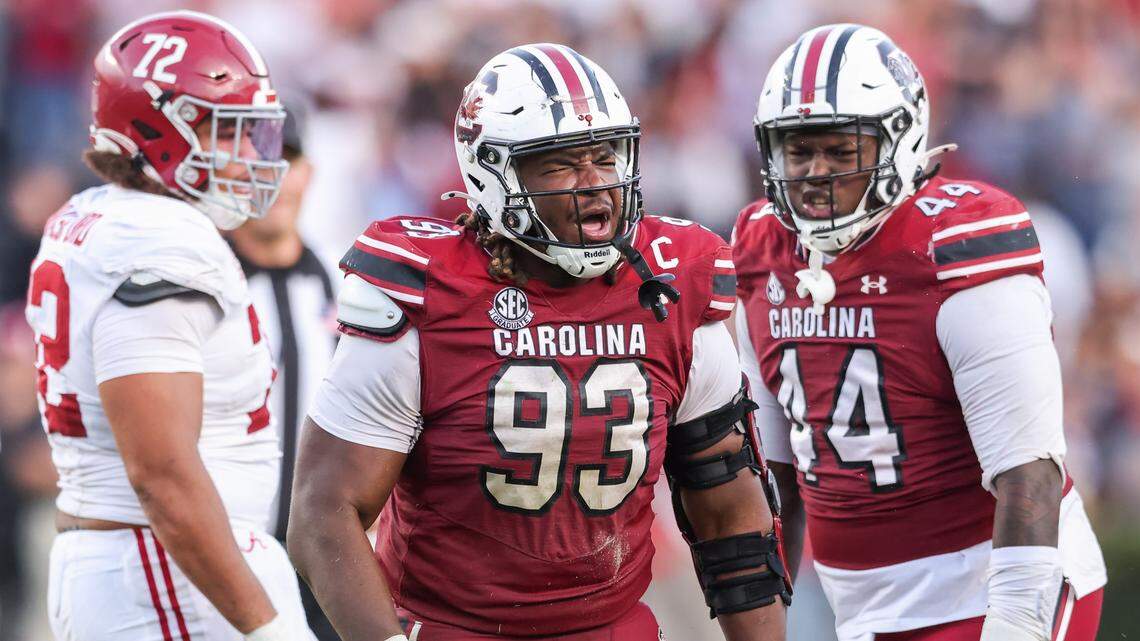 South Carolina defensive lineman Nick Barrett (93) reacts following a stop during the Gamecocks’ game against Alabama at Williams-Brice Stadium in Columbia on Saturday, October 25, 2025.