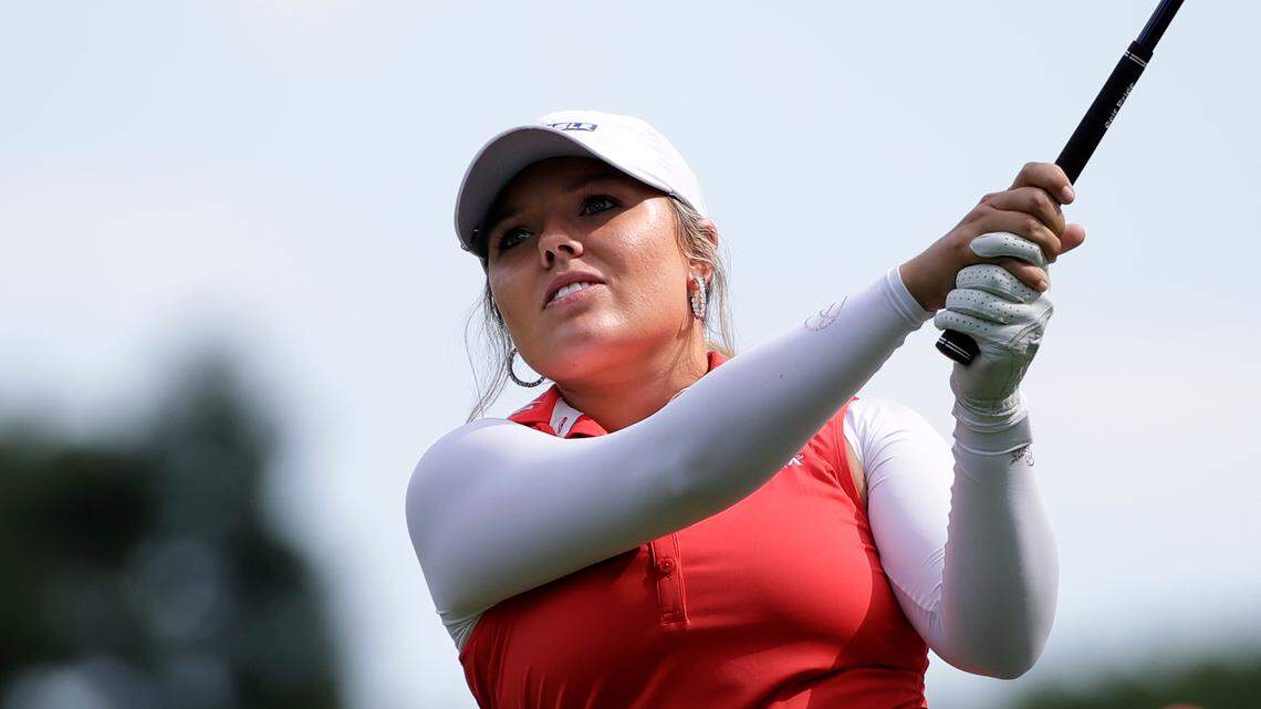 Lauren Stephenson follows through on her drive on the seventh hole during the first round of the Marathon Classic LPGA golf tournament Thursday, Aug. 6, 2020, at the Highland Meadows Golf Club in Sylvania, Ohio. (AP Photo/Gene J. Puskar)