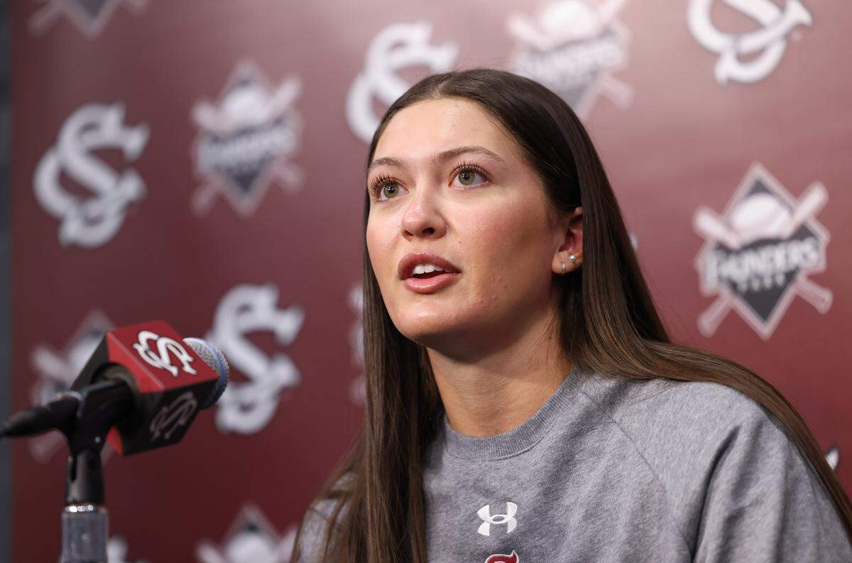 South Carolina player Arianna Rodi answers questions during Media Day at Founders Park in Columbia on Thursday, January 22, 2026.
