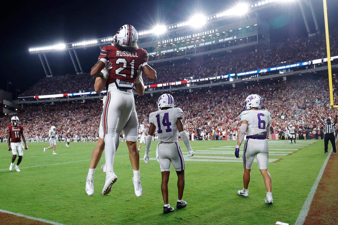 South Carolina wide receiver Tyshawn Russell (21) scores against Furman at Williams-Brice Stadium on Saturday, September 9, 2023.