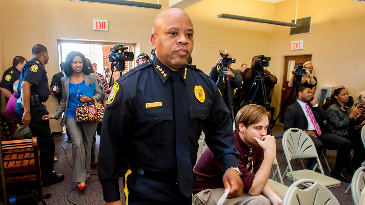 Columbia Police Chief Randy Scott enters a press conference to announce his resignation Monday. Scott suffered from PTSD after a deputy he hired while he worked at the Richland County Sheriff’s Department was killed in 2005.