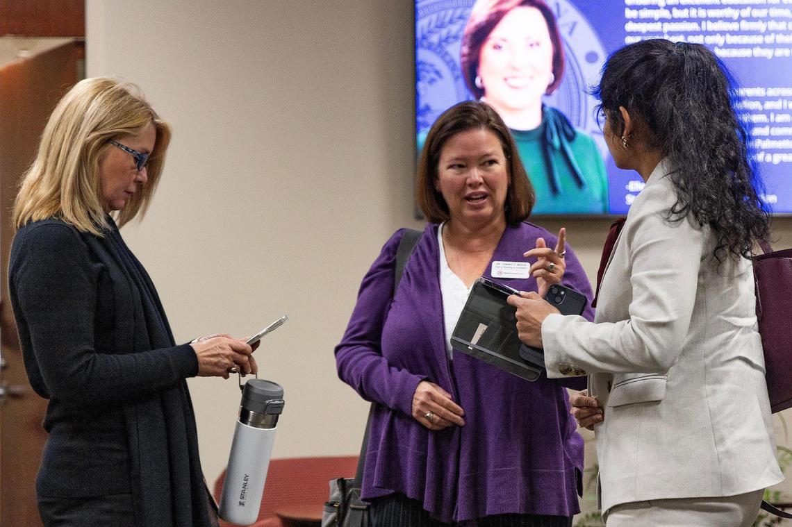 Executive director of Teach Right USA Tracey Williams, Chief of planning and innovation Dr. Tammy White and Chief of data and strategy Kusum Buddhiraju speak after a meeting of the State Board of Education’s education professions subcommittee on Tuesday, February 13, 2024.