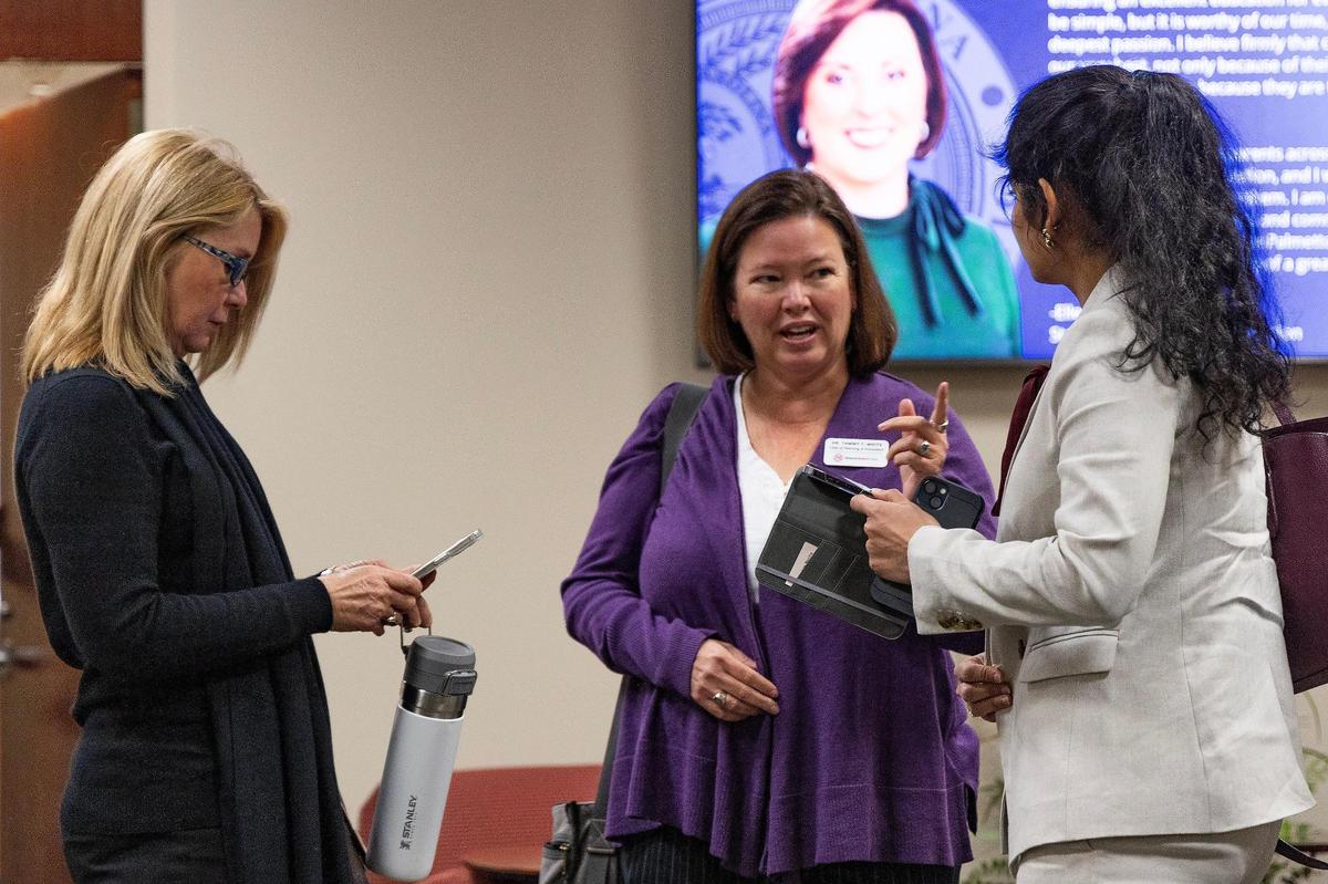 Executive director of Teach Right USA Tracey Williams, chief of planning and innovation Dr. Tammy White and chief of data and strategy Kusuma Buddhiraju speak after a meeting of the State Board of Education’s education professions subcommittee on Tuesday, February 13, 2024.