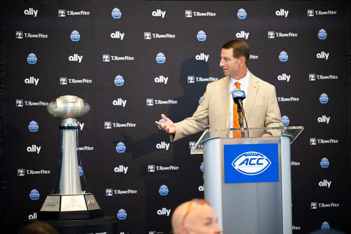 Clemson coach Dabo Swinney during a Friday news conference before Clemson and SMU play for the 2024 ACC football championship on Saturday in Charlotte’s Bank of America Stadium.