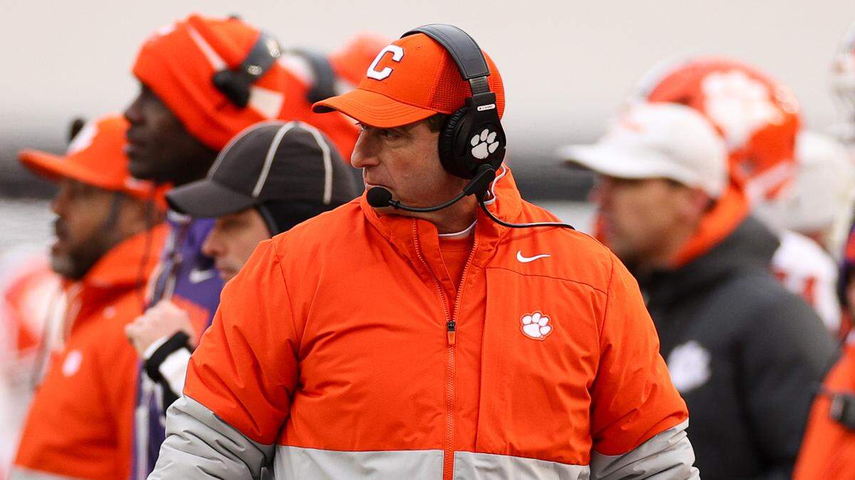 Dabo Swinney of the Clemson Tigers looks on in the third quarter against the Penn State Nittany Lions during the 2025 Bad Boy Mowers Pinstripe Bowl at Yankee Stadium on December 27, 2025 in New York City.