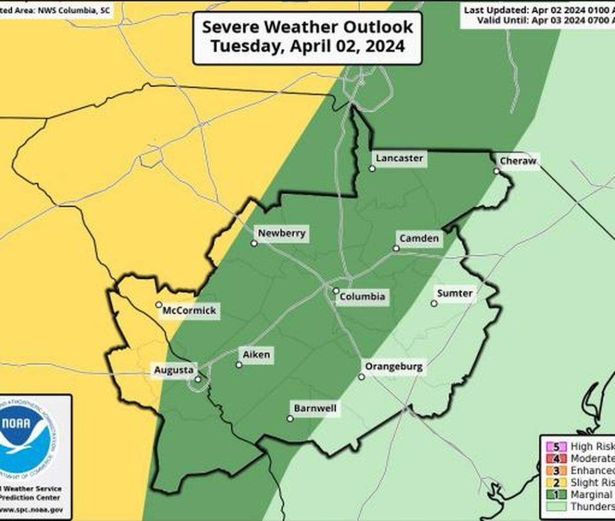 The forecast for the Columbia area has a potential for severe weather.