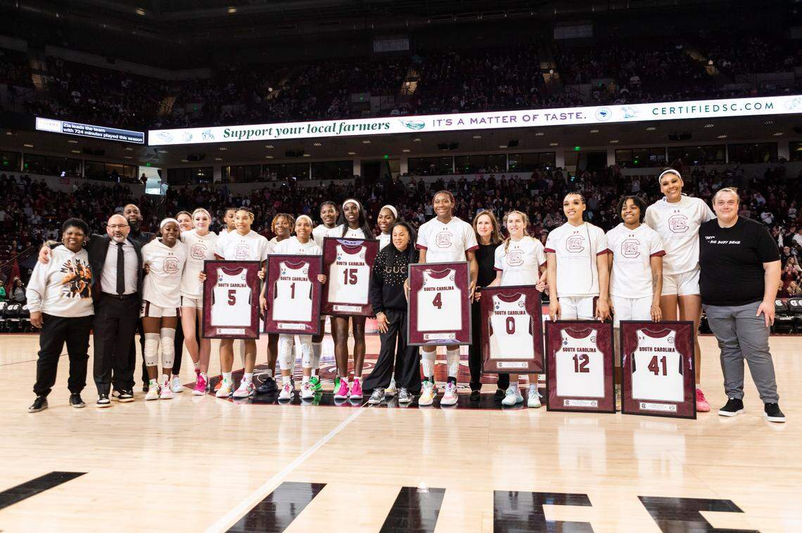 Gamecock seniors are recognized before South Carolina’s game against the visiting Bulldogs at Colonial Life Arena in Columbia on Sunday, February 26, 2023.