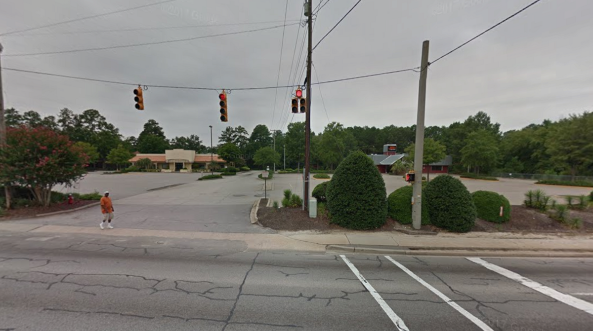 2011 Google satellite imagery showing vacant restaurants on Decker Boulevard in Columbia, SC.