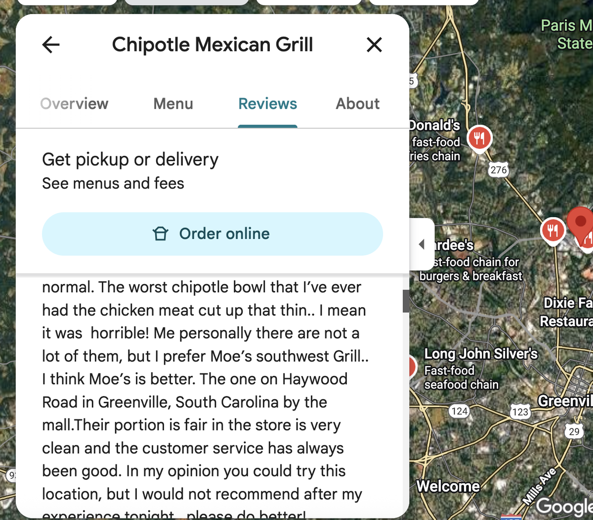 A Chipotle in Greenville scored 2.5 among reviewers.