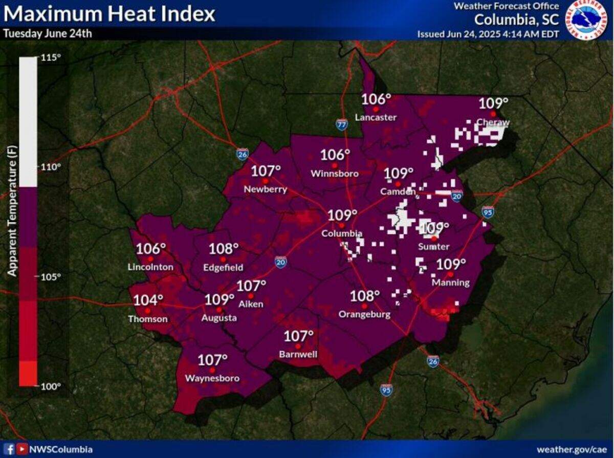 A look at the heat index forecast as a heat advisory has been issued for the Midlands by the National Weather Service.