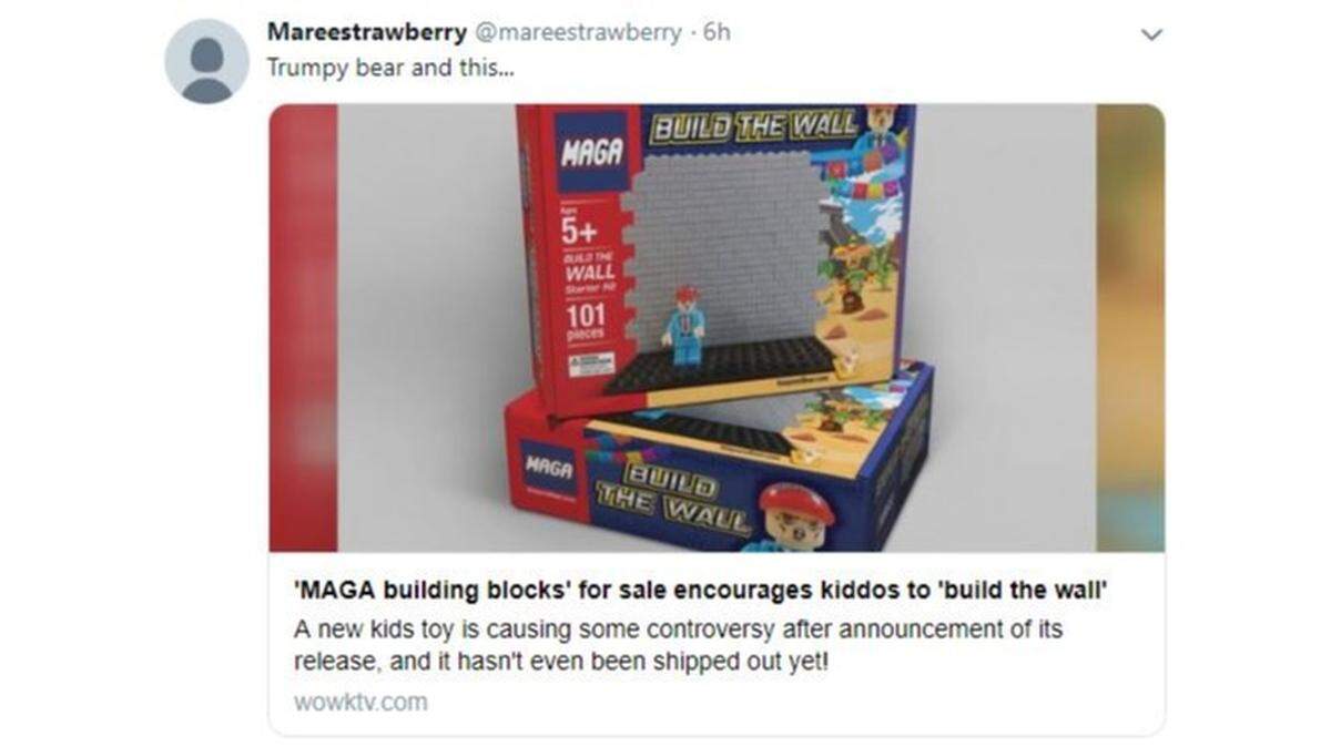 This screenshot shows MAGA building blocks, a Lego-like border wall toy that comes with a President Donald Trump figurine.