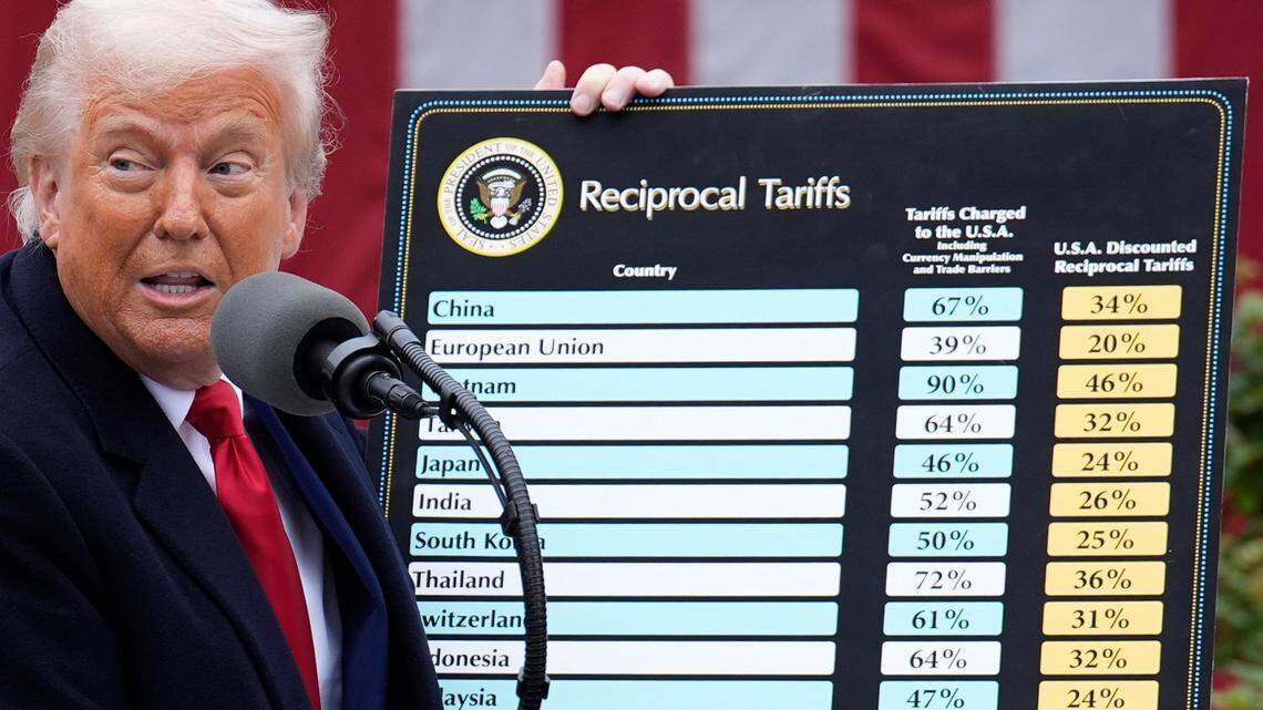 President Donald Trump delivers remarks before signing an executive order on tariffs during the “Make America Wealthy Again” event in the Rose Garden at the White House in Washington, D.C., on Wednesday, April 2, 2025. (Yuri Gripas/Abaca Press/TNS)