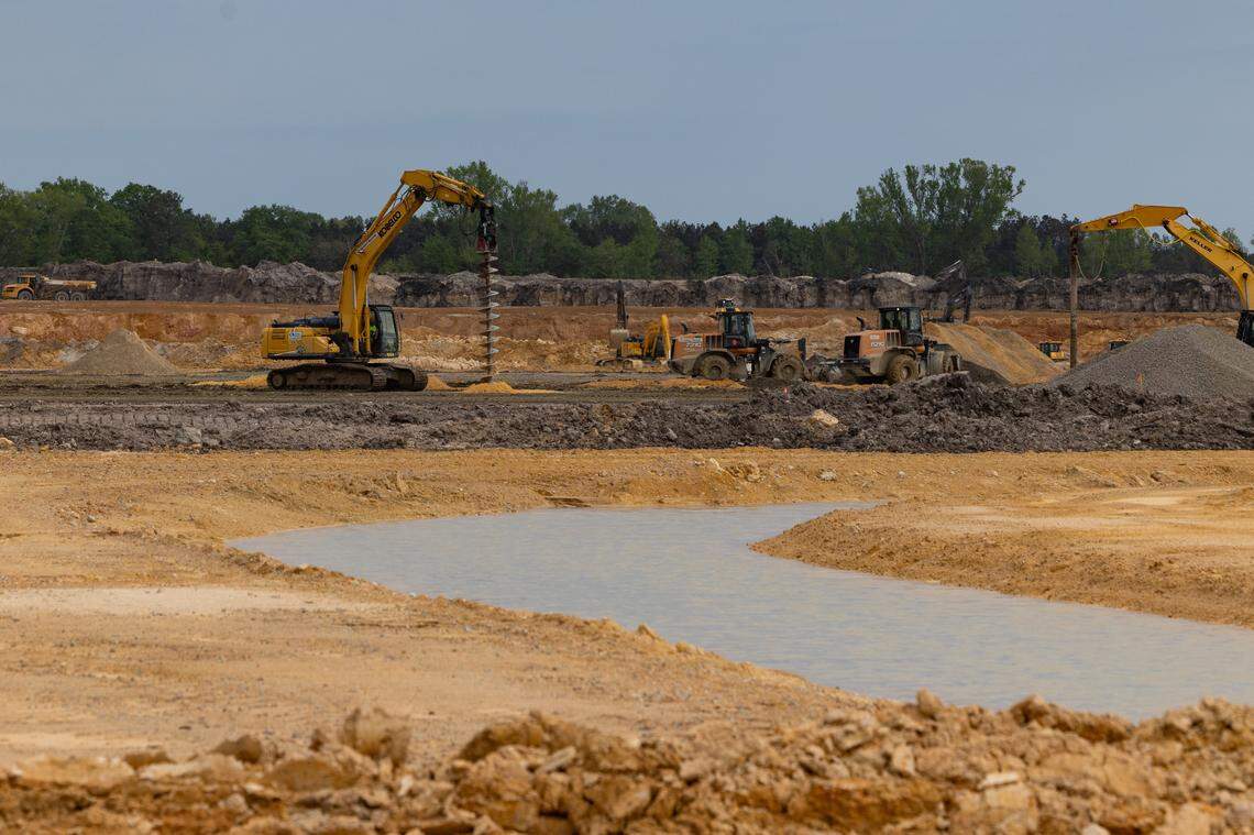The Scout Motors manufacturing plant in Blythewood, South Carolina is under construction on Thursday, April 10, 2025.