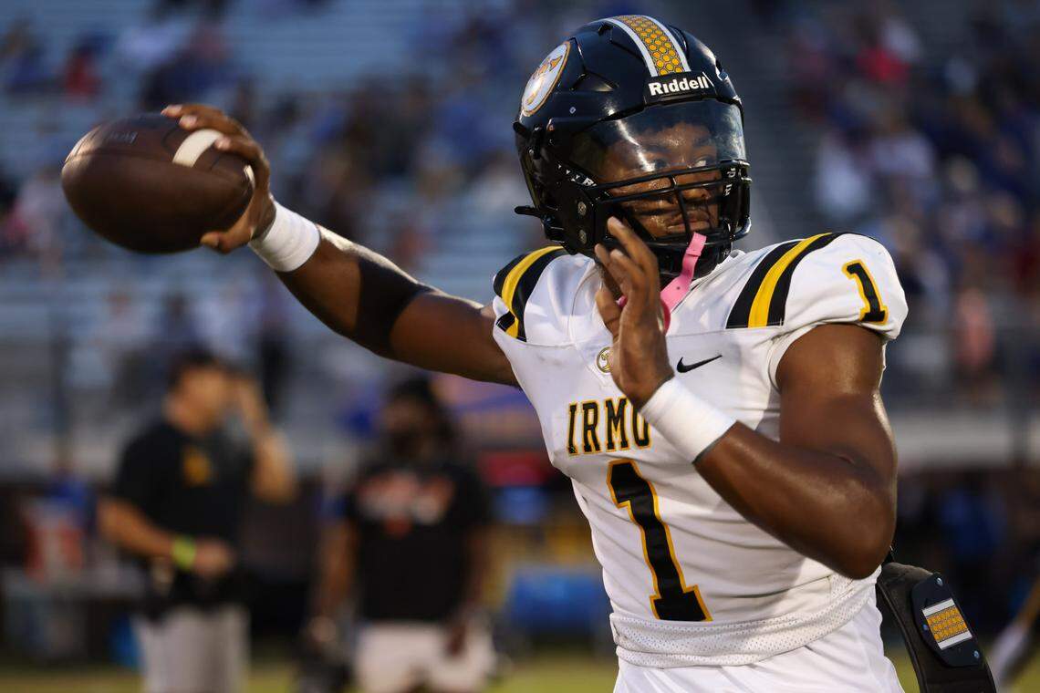 AJ Brand (1) of Irmo warms up before Lexington’s game against Irmo in Lexington on Friday, October 4, 2024.
