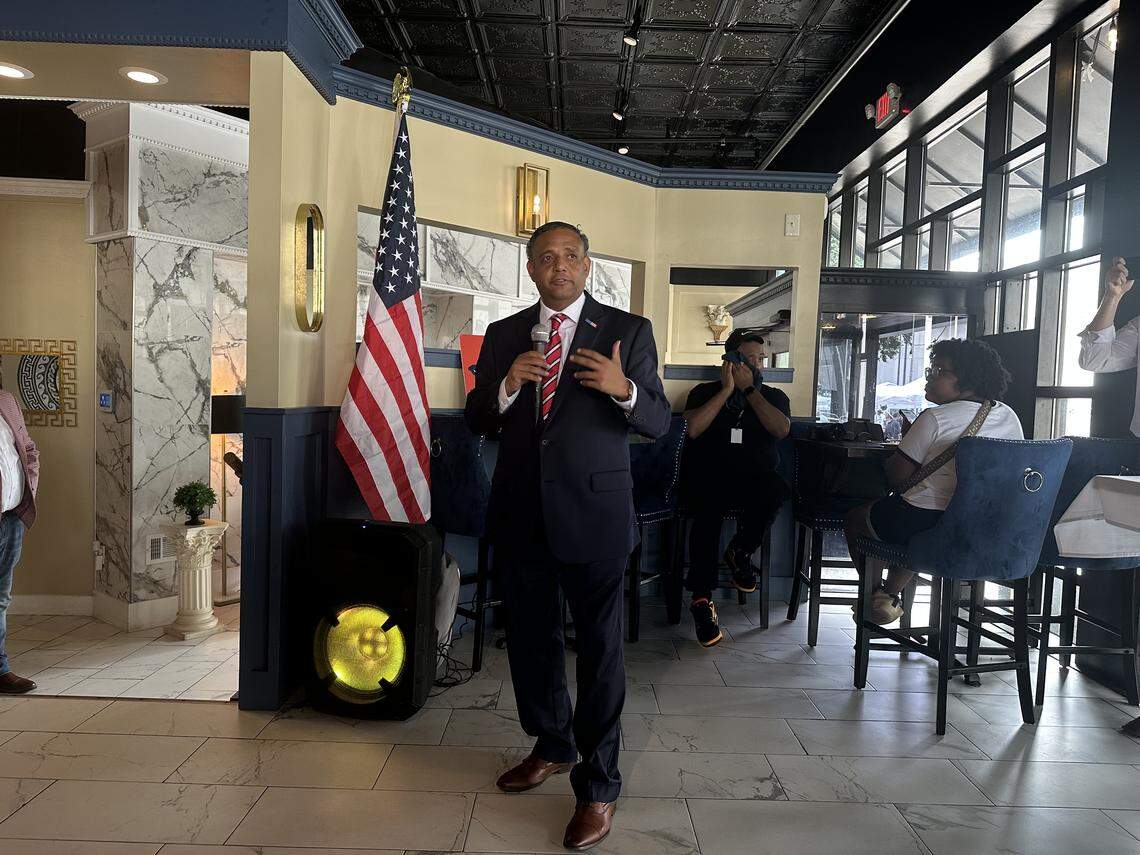 U.S. Senate candidate Brandon Brown addresses supporters in downtown Columbia August 16, 2025.