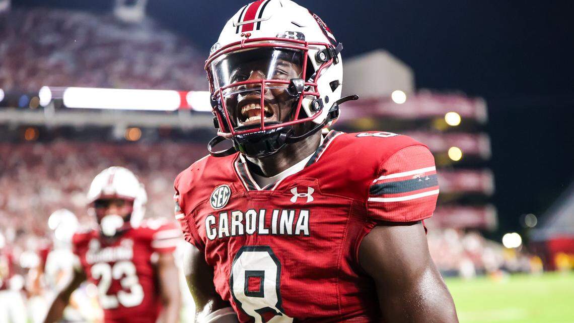Sep 9, 2023; Columbia, South Carolina, USA; South Carolina Gamecocks wide receiver Nyck Harbor (8) celebrates a touchdown during the third quarter at Williams-Brice Stadium. Mandatory Credit: Jeff Blake-USA TODAY Sports