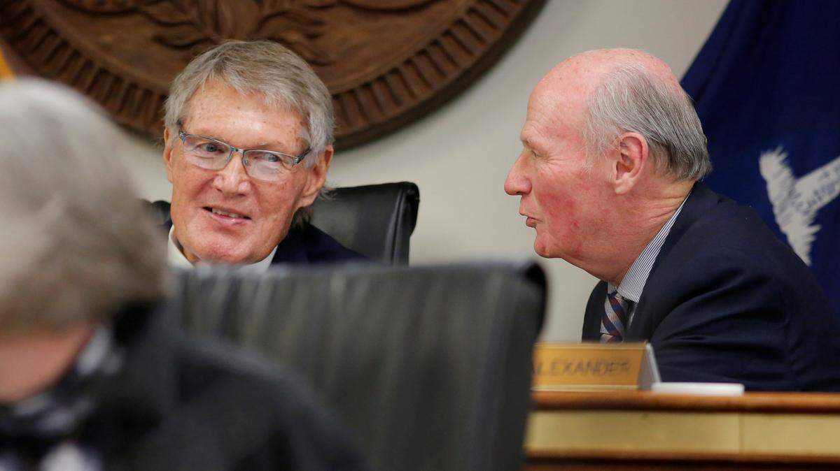 South Carolina state Sen. Harvey Peeler and Senate President Thomas Alexander are shown during a Senate Finance Committee meeting on Wednesday, April 10, 2024.  (Travis Bell/STATEHOUSE CAROLINA)