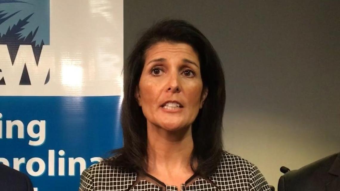 Gov. Nikki Haley speaks with reporters about the initiative to have companies provide soon-to-be-released inmates with jobs to help reduce recidivism.