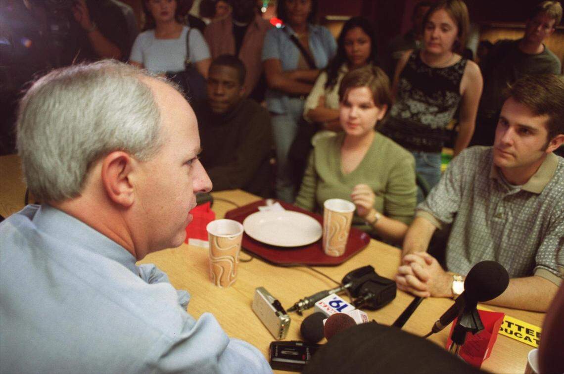 During a Nov. 8, 2000 stop at USC to rally support for the lotteryinitiative, Gov. Jim Hodges holds an informal lunchtime  talk with students to discuss the issue of student loandebt and the implications a state lottery would have on funding for higher education.