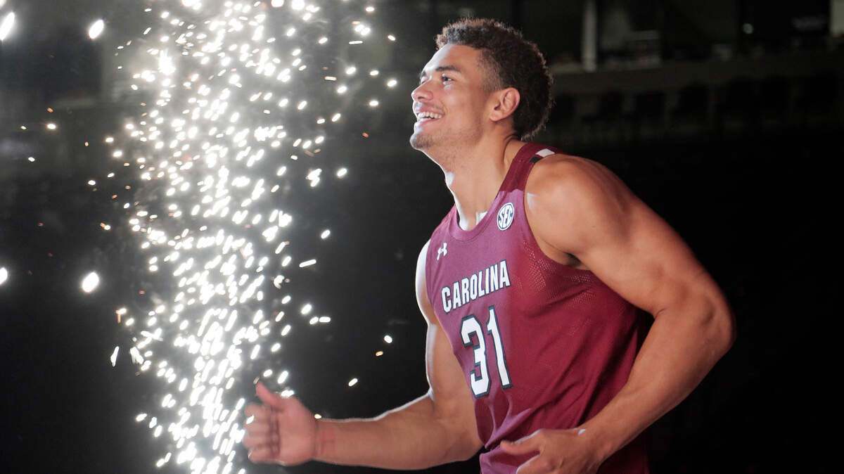 South Carolina’s Benjamin Bosmans-Verdonk takes the court during a preseason event at Colonial Life Arena on Wednesday, October 26, 2022.