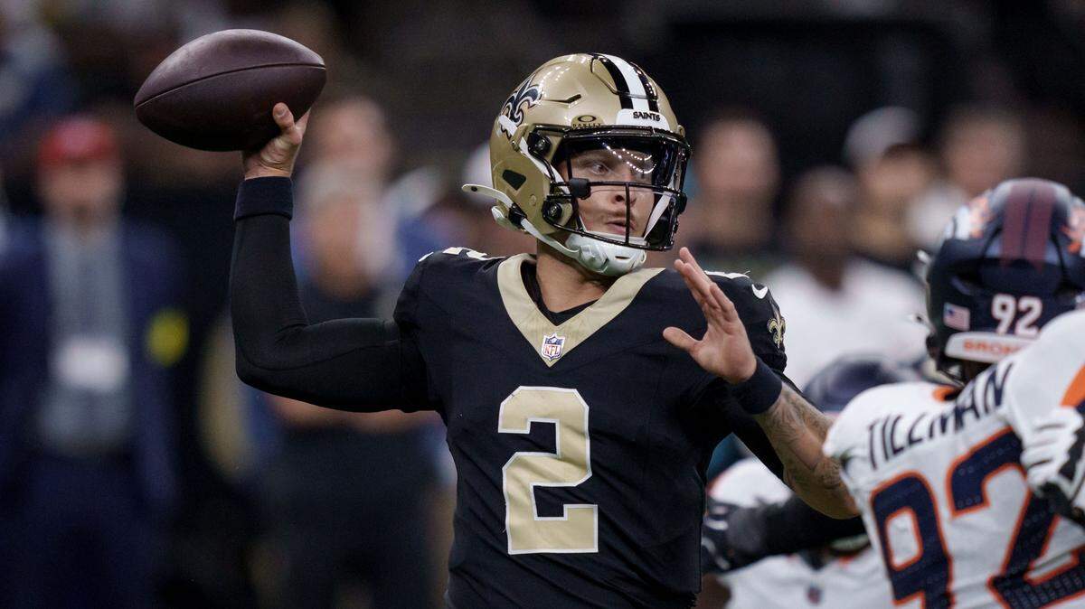 New Orleans Saints quarterback Spencer Rattler (2) throws against the Denver Broncos during the first half of a preseason game at Caesars Superdome.