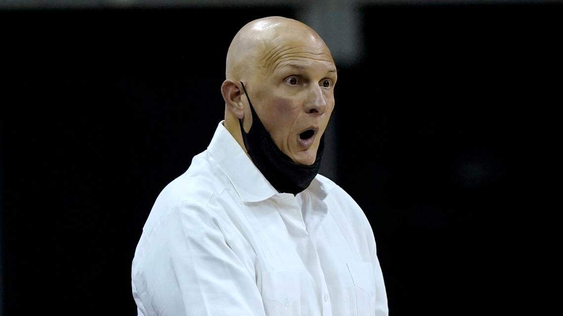 South Carolina head coach Frank Martin talks to his players during the second half of an NCAA college basketball game against Tulsa Sunday, Nov. 29, 2020, at the T-Mobile Center in Kansas City, Mo. (AP Photo/Charlie Riedel)