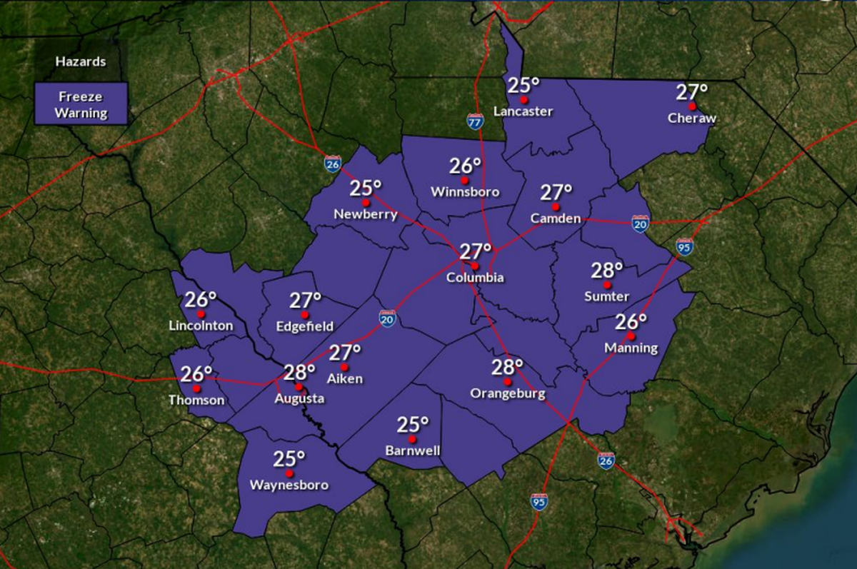 Low temperatures are forecast for the Midlands area of South Carolina.