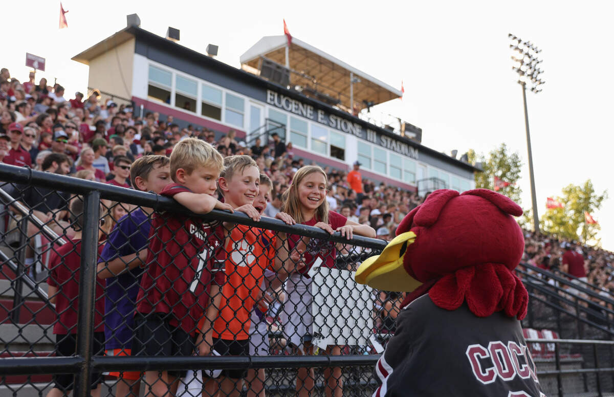 Cocky interacts with young soccer fans before the Gamecocks’ game against Tigers in Columbia on Friday, August 30, 2024.