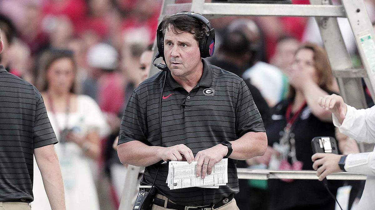 Former South Carolina head coach Will Muschamp prepares to play with his new team, the Georgia Bulldogs, at Sanford Stadium on Saturday, September 18, 2021.