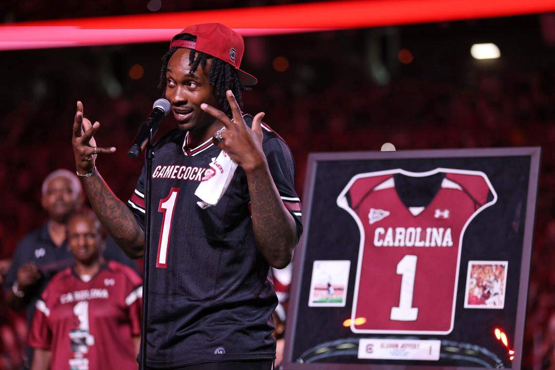 South Carolina wide receiver great Alshon Jeffery has his jersey retired on Saturday, Sept. 23, 2023.
