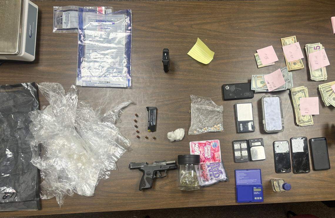 Drugs, cash and a gun were seized during a traffic stop.
